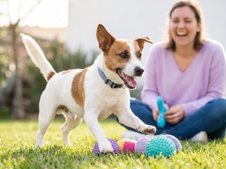 Glücklicher Hund mit Geschenk