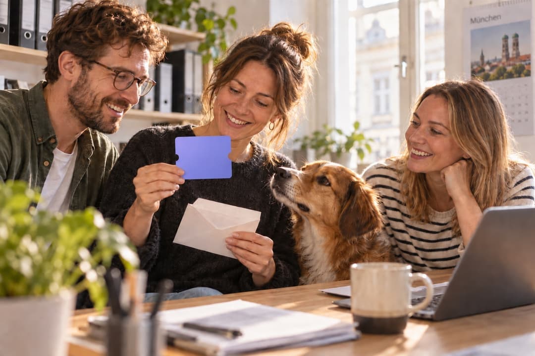 Zwei Kolleginnen und ein Kollege freuen sich mit Hund im Büro über einen Pfotenklee-Gutschein