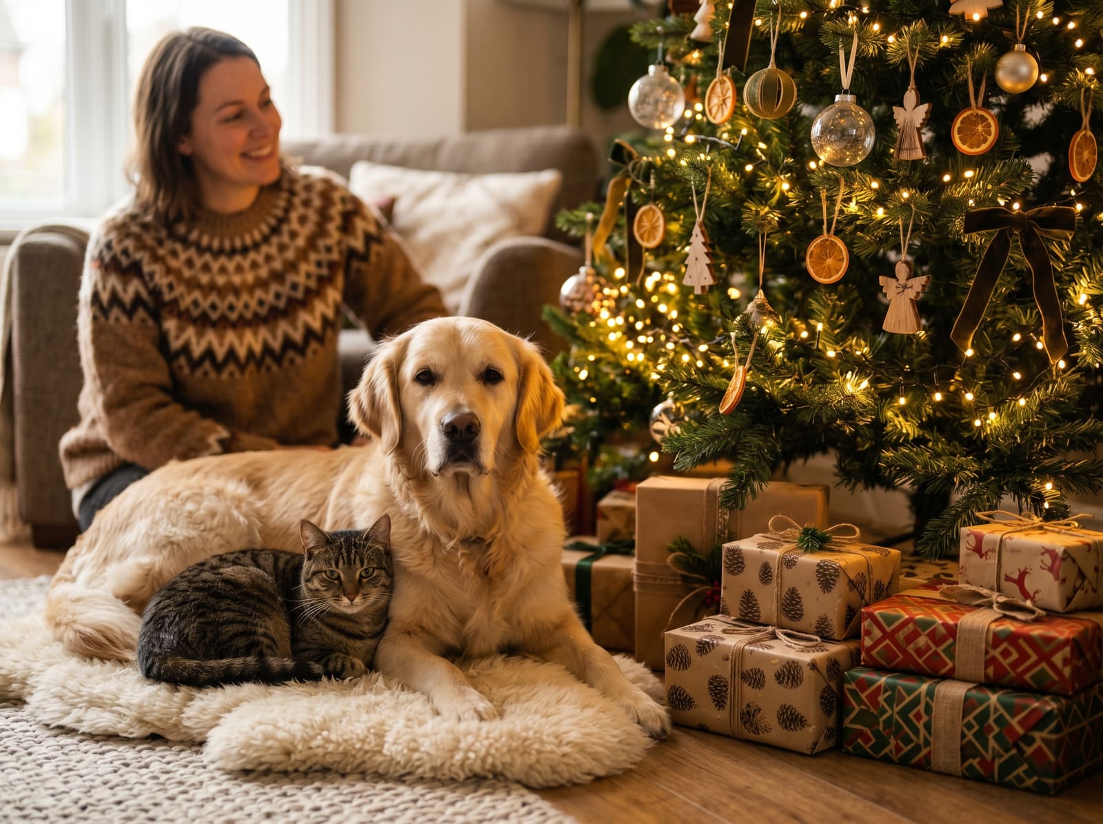 Hund neben weihnachtlich verpackten Geschenken