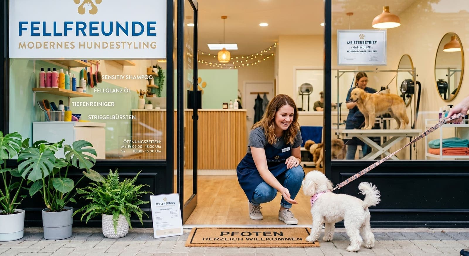 Groomerin begrüßt einen Hund am Eingang des Pflegesalons