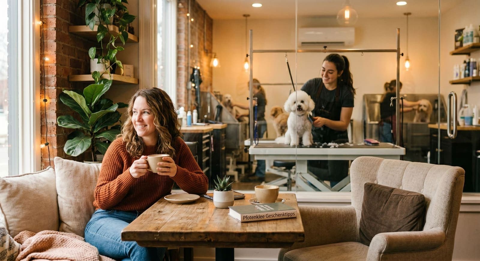 Entspannte Kaffeepause, während der Hund im Salon gepflegt wird