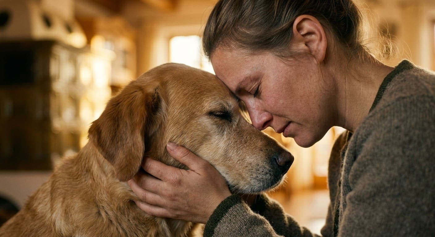 Inniger Moment: Frau lehnt Stirn an Stirn an ihren Hund