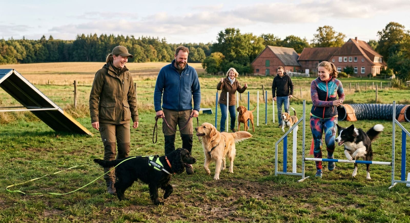 Gruppentraining mit mehreren Hunden auf dem Agility-Platz