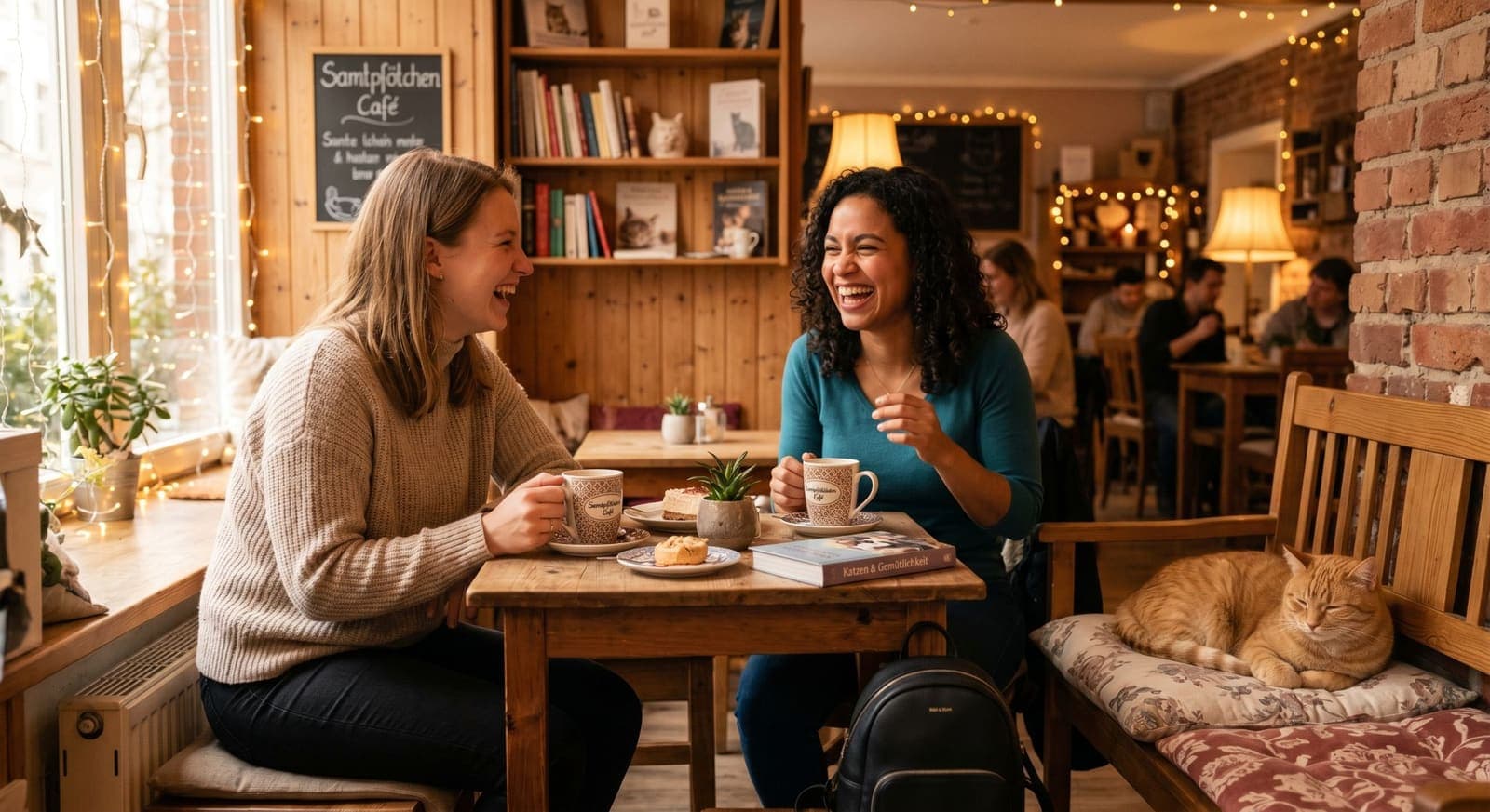 Zwei Freundinnen lachen gemeinsam im Katzencafé