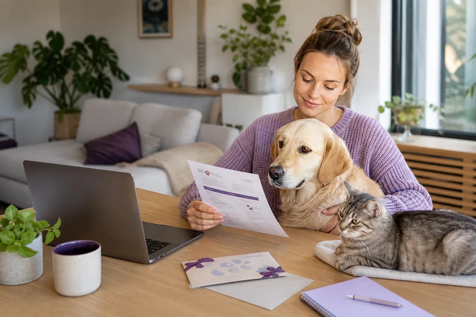Tierhalterin am Laptop mit Hund und Katze prüft ihre Unterlagen