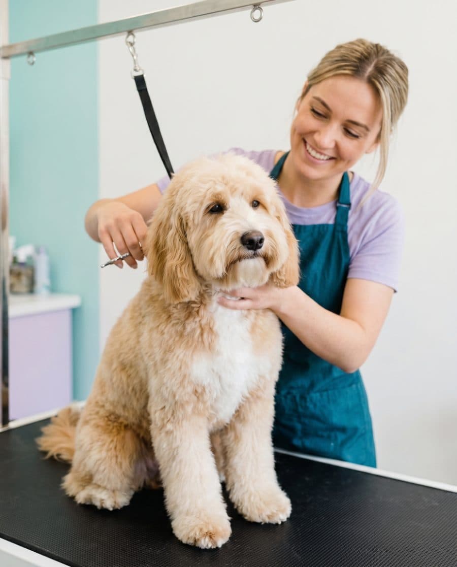 Hundefriseurin frisiert einen Labradoodle im Salon