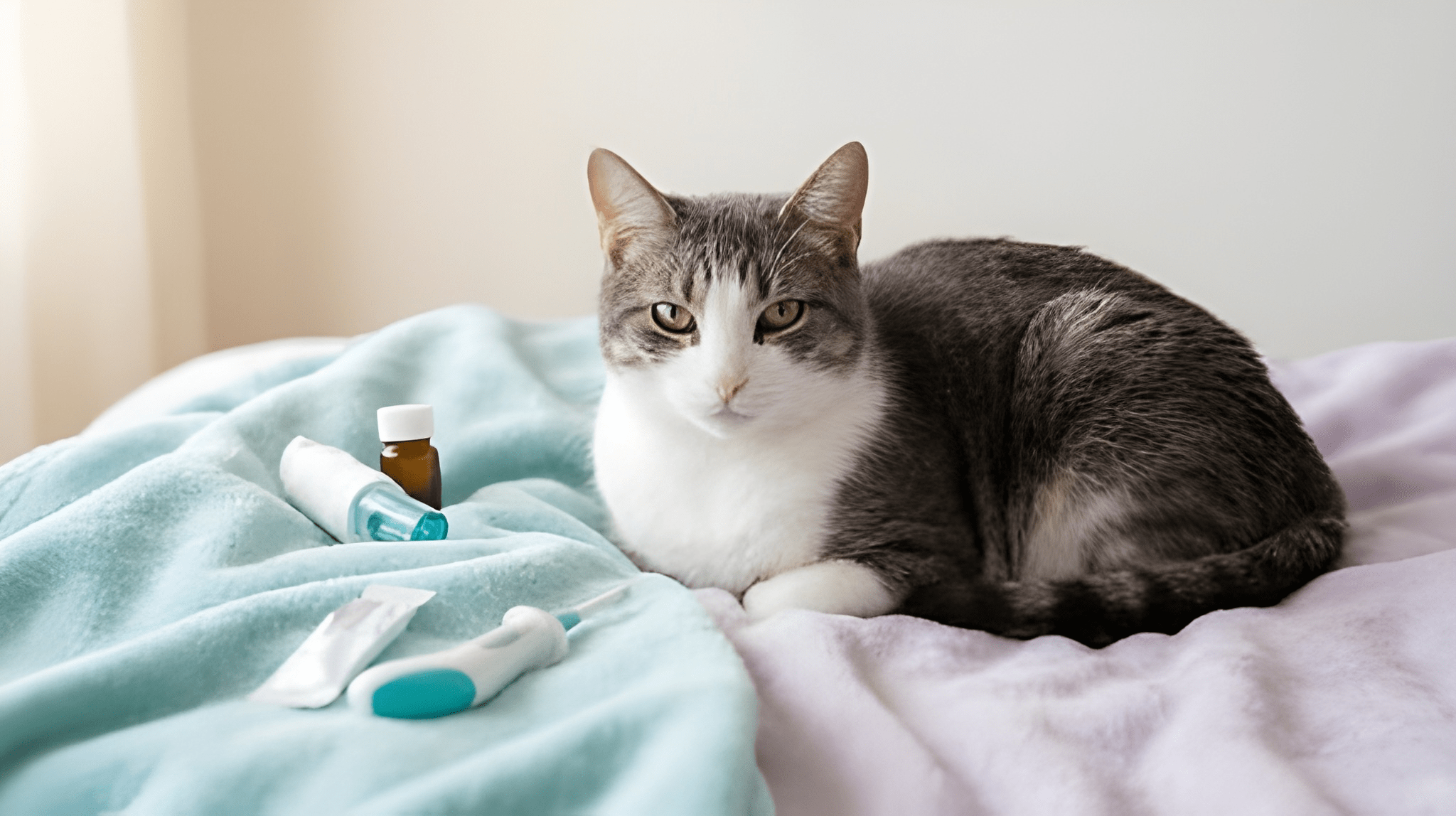 Katze liegt zusammengerollt auf einer Decke neben Pflegeutensilien
