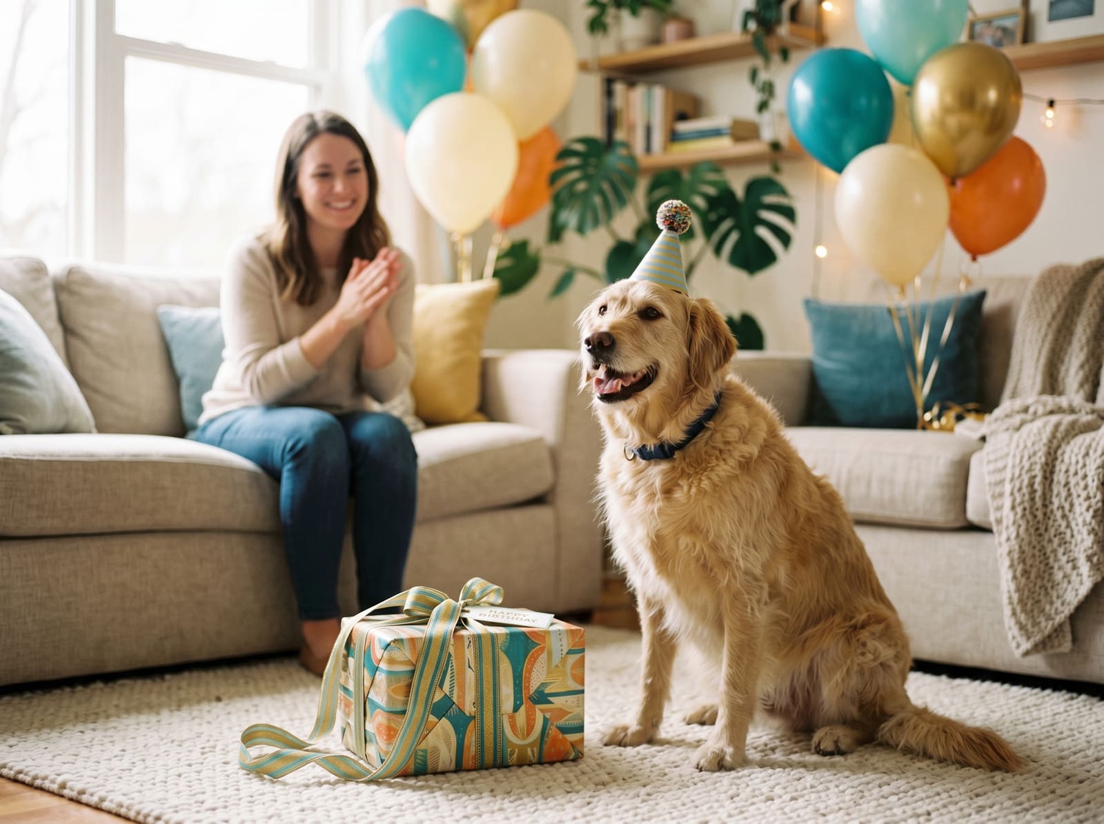 Hund mit Partyhut neben einem Geburtstagsgeschenk