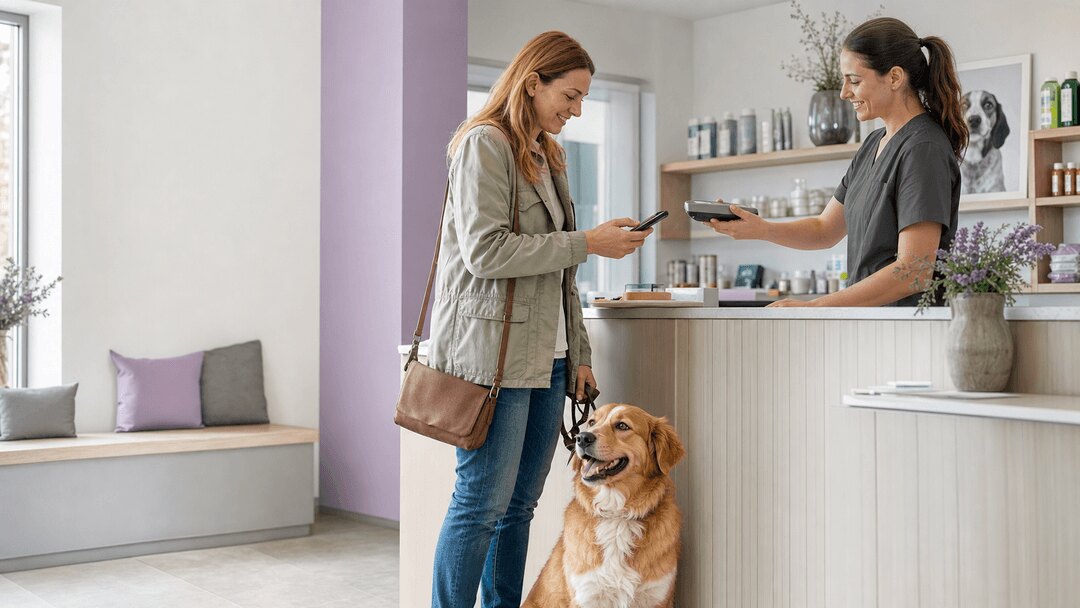 Frau mit Hund bezahlt mit dem Handy bei einem Pfotenklee-Partner